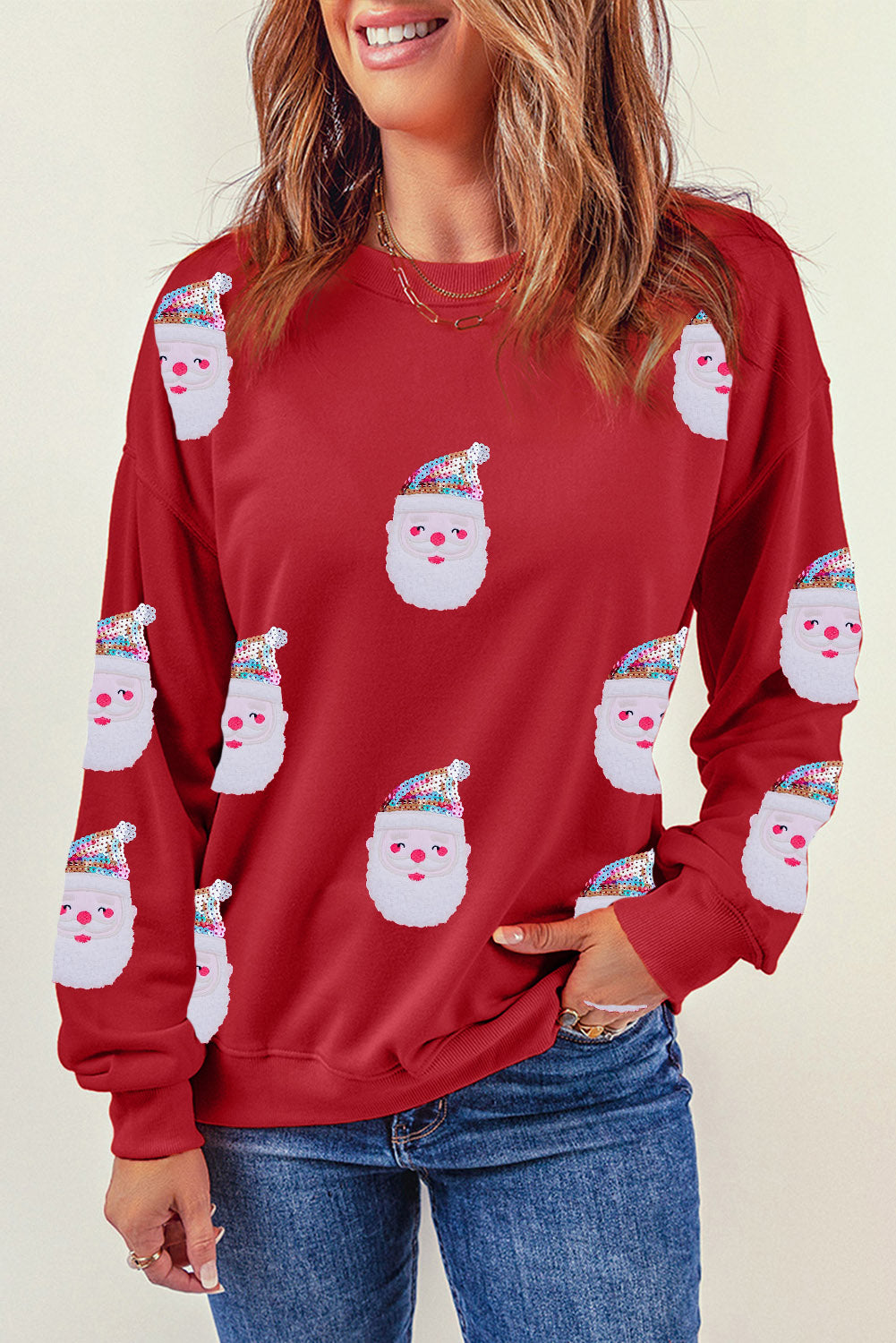 Fiery Red Sequined Christmas Santa Clause Graphic Sweatshirt Graphic Sweatshirts JT's Designer Fashion
