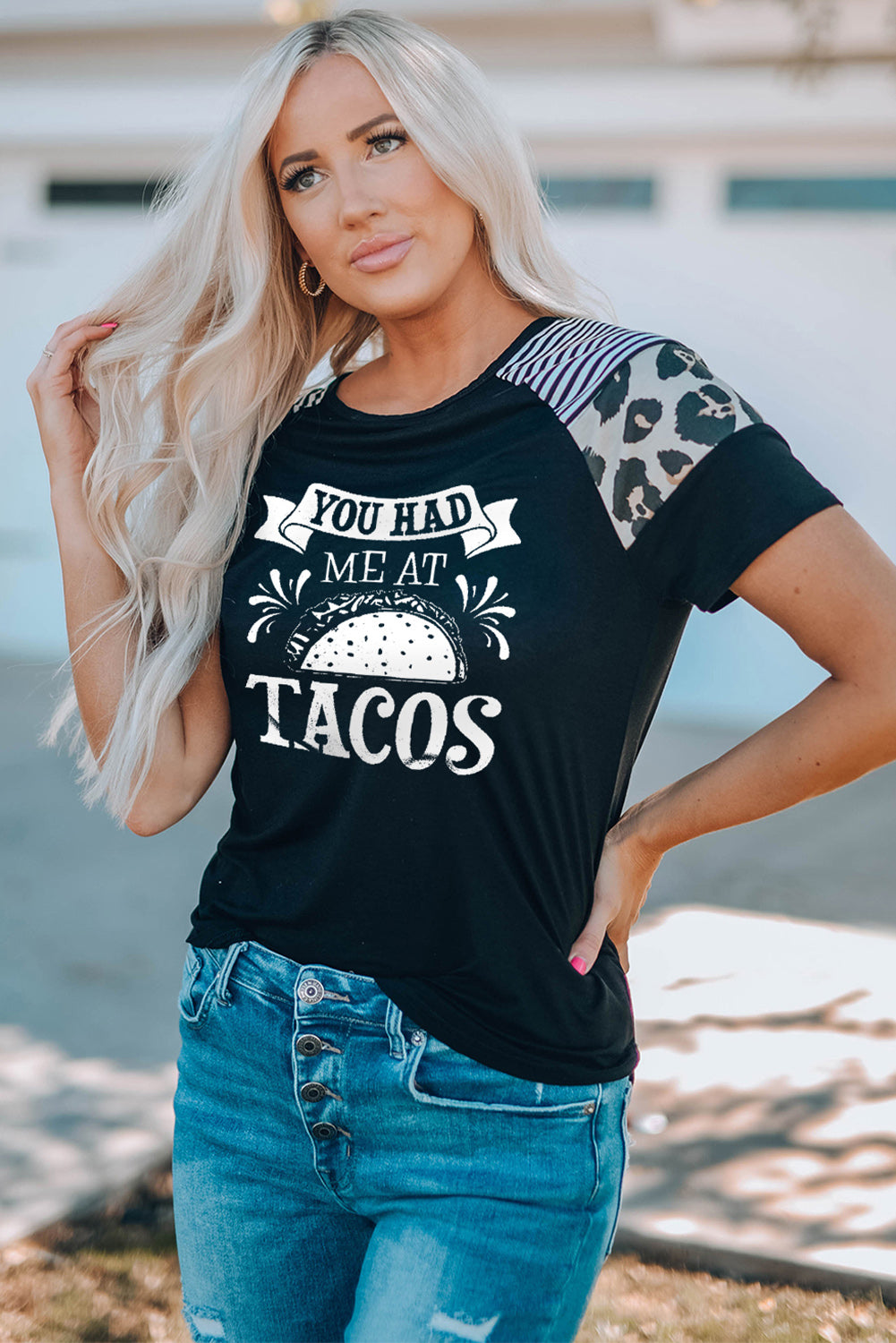 Black You Had Me at Tacos Graphic Spliced Short Sleeve Tee Graphic Tees JT's Designer Fashion