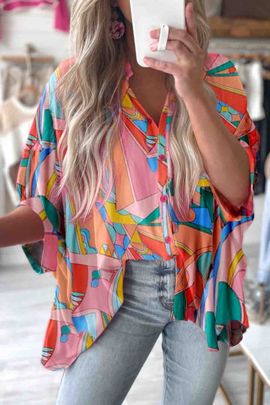 Multicolor Abstract Geometry Print Half Puff Sleeve Loose Shirt Tops & Tees JT's Designer Fashion