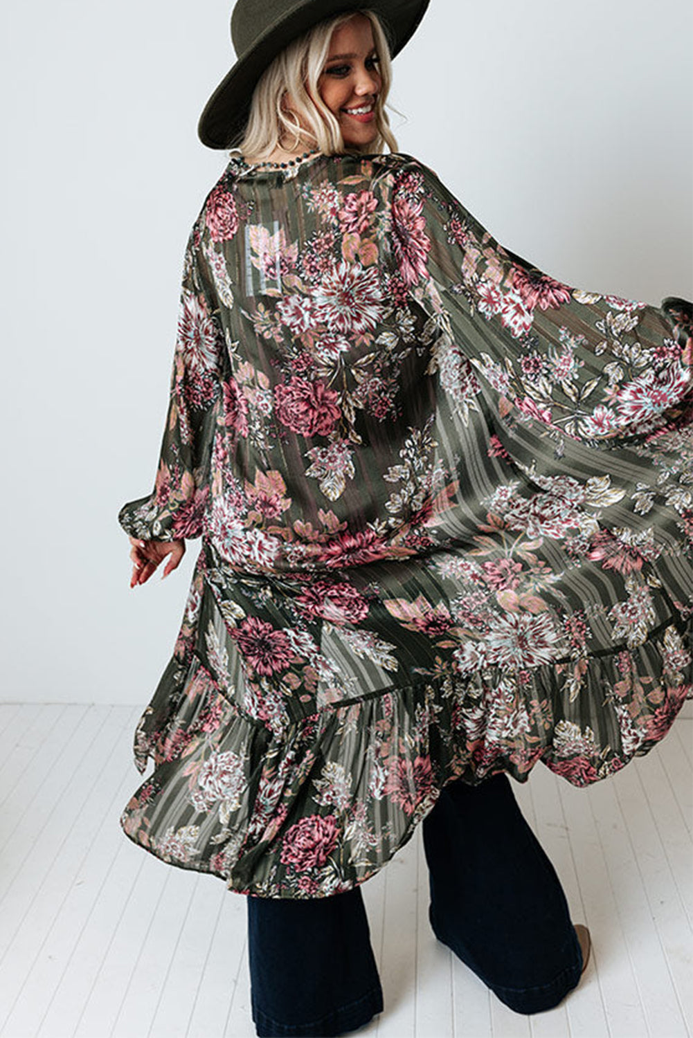 Green Floral Draped Open Front Duster Cardigan Kimonos JT's Designer Fashion