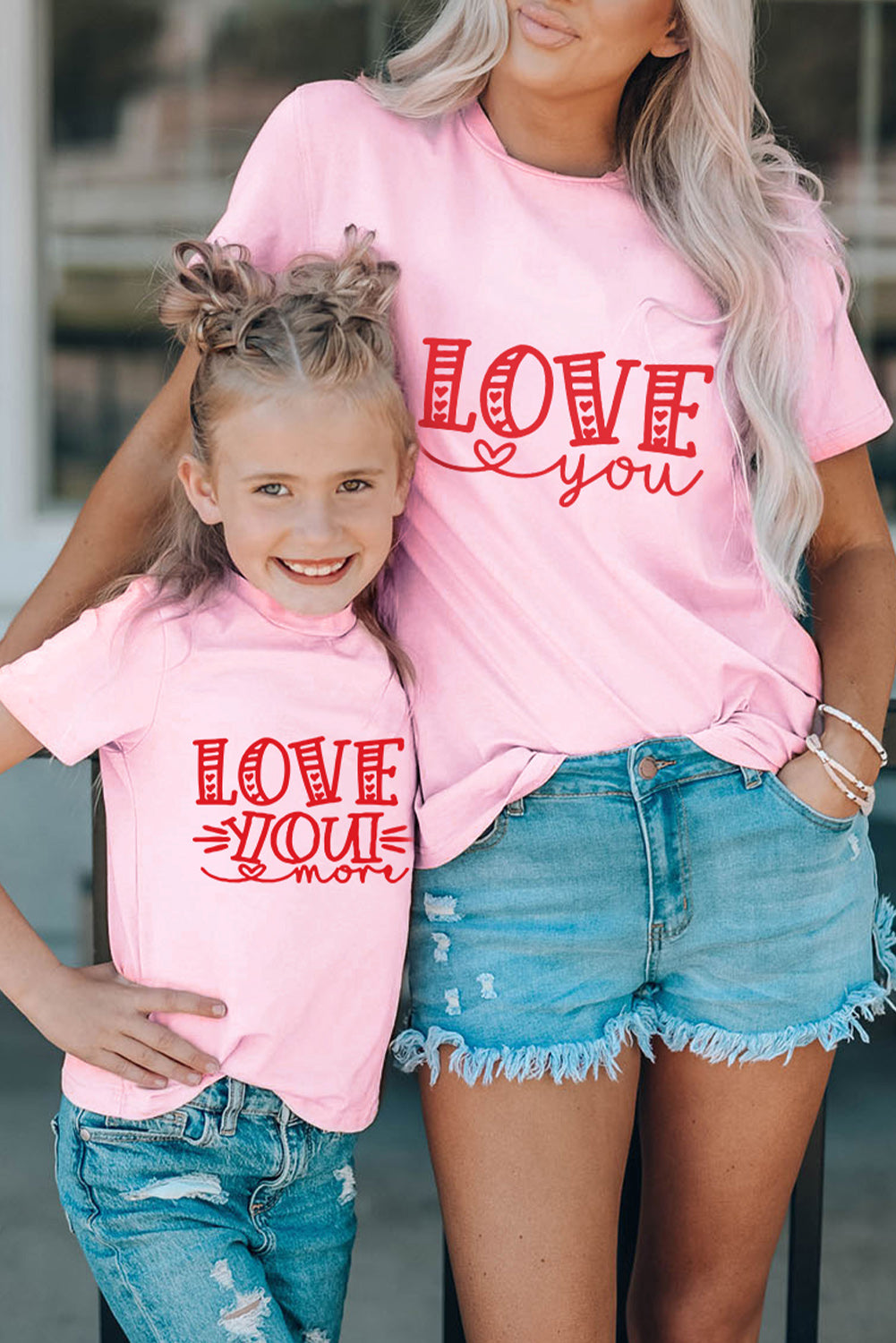 Pink Family Matching LOVE You Pattern Print Adult T Shirt Pink 95%Cotton+5%Elastane Family T-shirts JT's Designer Fashion