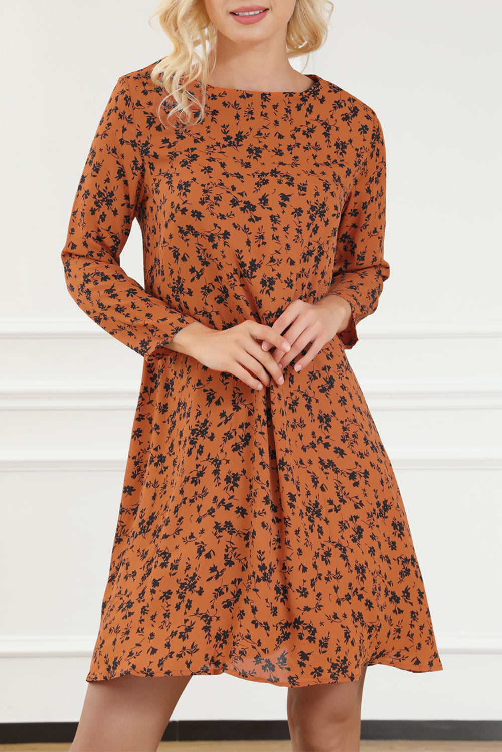 Orange Floral Print O-neck Long Sleeve Mini Dress Floral Dresses JT's Designer Fashion