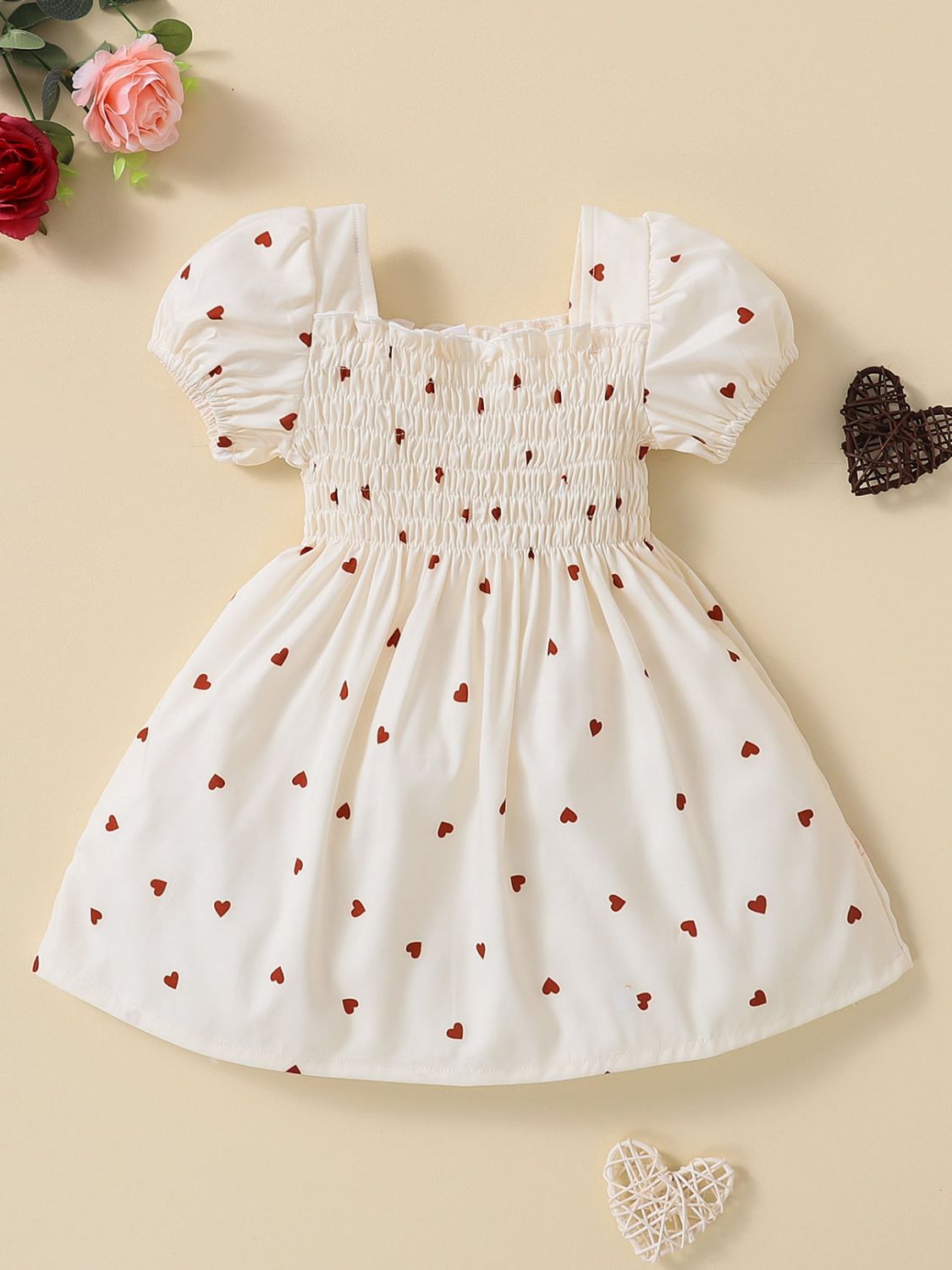 Baby Girl Heart Print Square Neck Dress White Girls Dresses JT's Designer Fashion