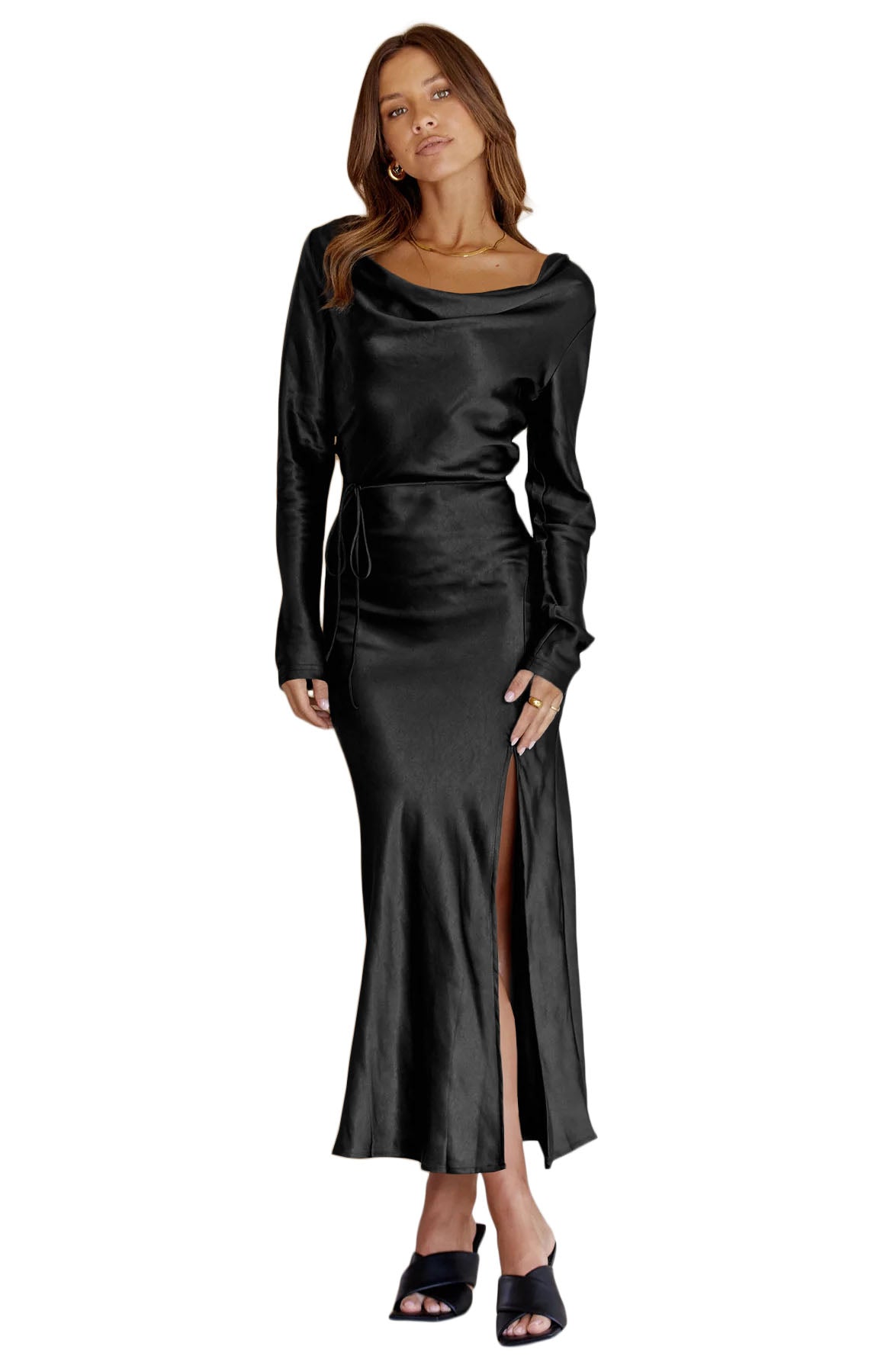 Black Drape Neck Tie Waist Long Sleeve Slit Dress Maxi Dresses JT's Designer Fashion