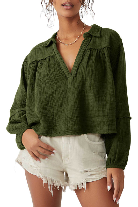 Green Crinkle Collared V Neck Long Sleeve Blouse Tops & Tees JT's Designer Fashion