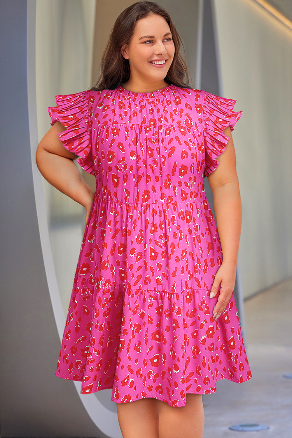 Rose Leopard Print Frilled Sleeveless Plus Size Mini Dress Plus Size Dresses JT's Designer Fashion