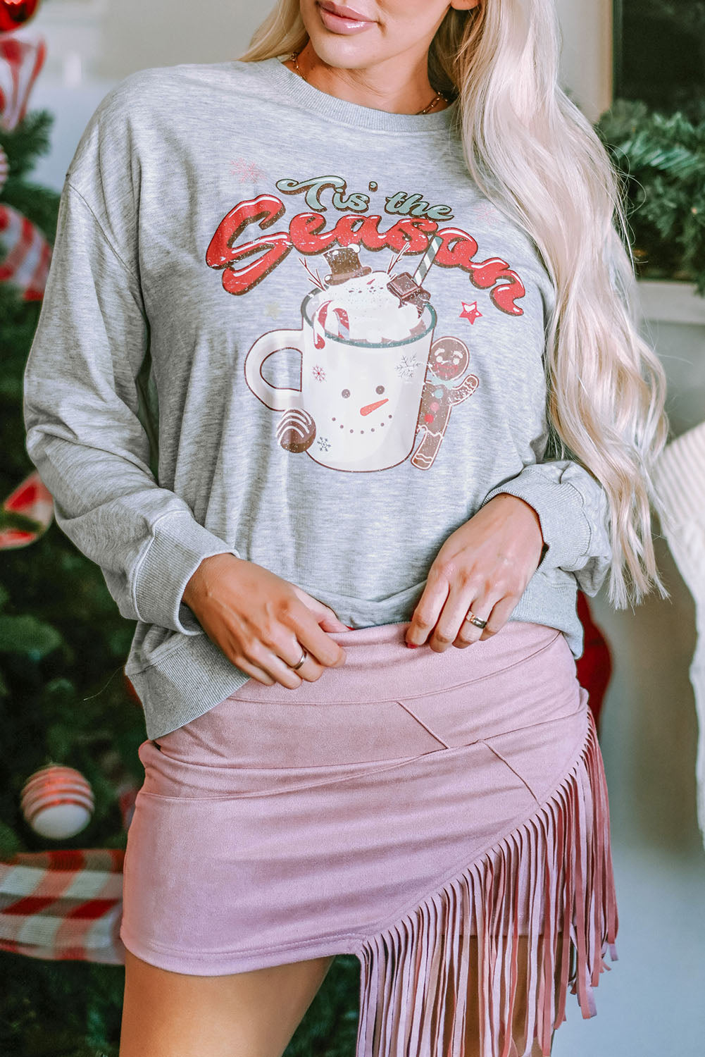Gray Tis The Season Graphic Christmas Fashion Sweatshirt Graphic Sweatshirts JT's Designer Fashion