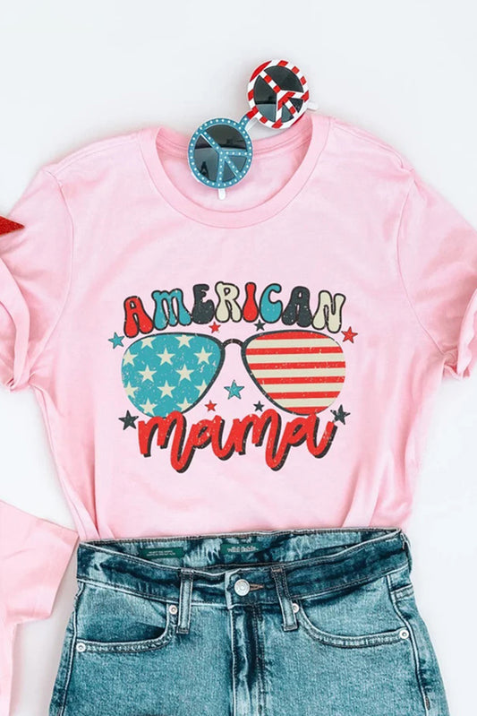 Pink American Mama Sunglass Print Short Sleeve Graphic Tee Pink 95%Cotton+5%Elastane Family T-shirts JT's Designer Fashion