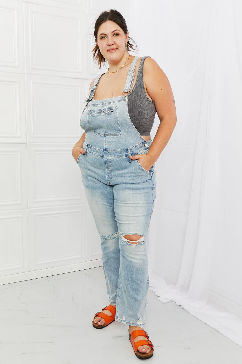 Judy Blue Melina Full Size Distressed Straight Leg Overalls Jeans JT's Designer Fashion