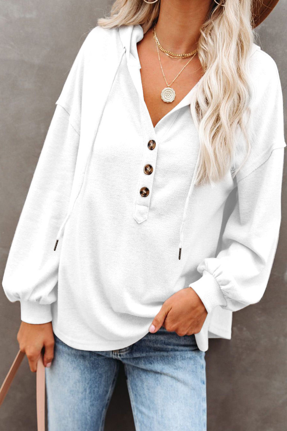 White Buttoned High and Low Hem Hoodie White 95%Polyester+5%Spandex Sweatshirts & Hoodies JT's Designer Fashion