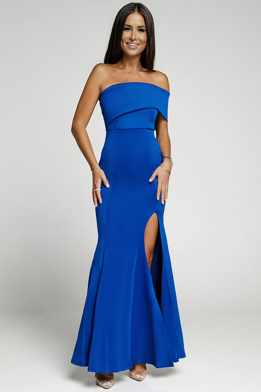 Blue Off The Shoulder One Sleeve Slit Maxi Prom Dress Blue 95%Polyester+5%Elastane Evening Dresses JT's Designer Fashion