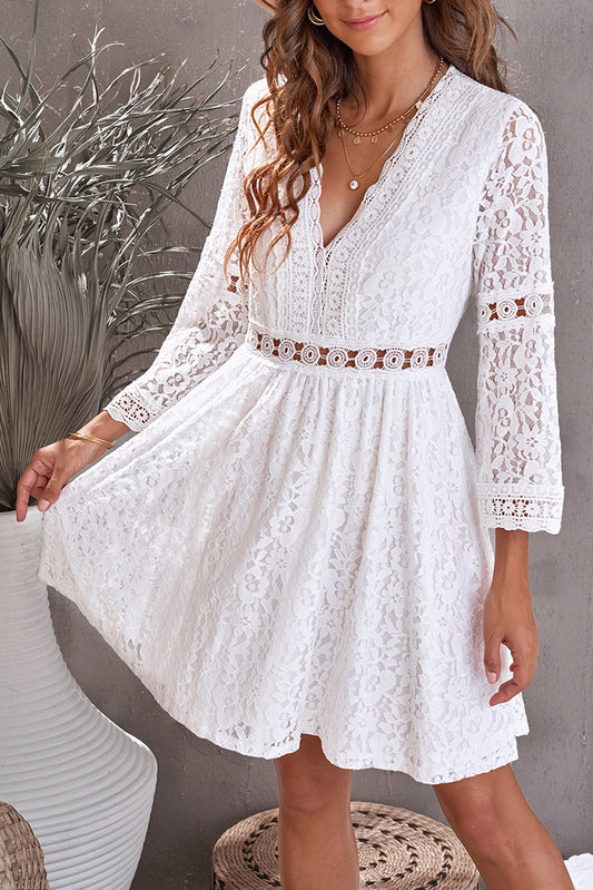 White Lace V Neck See-through Sleeve Mini Dress Mini Dresses JT's Designer Fashion