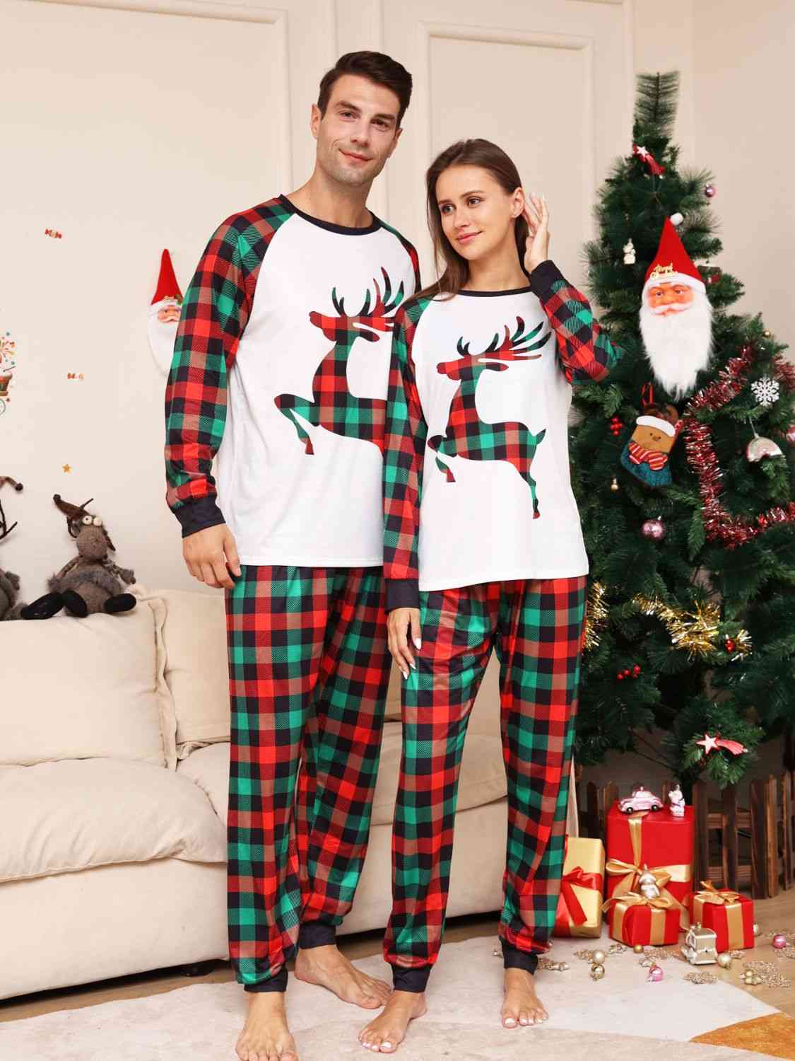 Full Size Reindeer Graphic Top and Plaid Pants Set Pajamas JT's Designer Fashion
