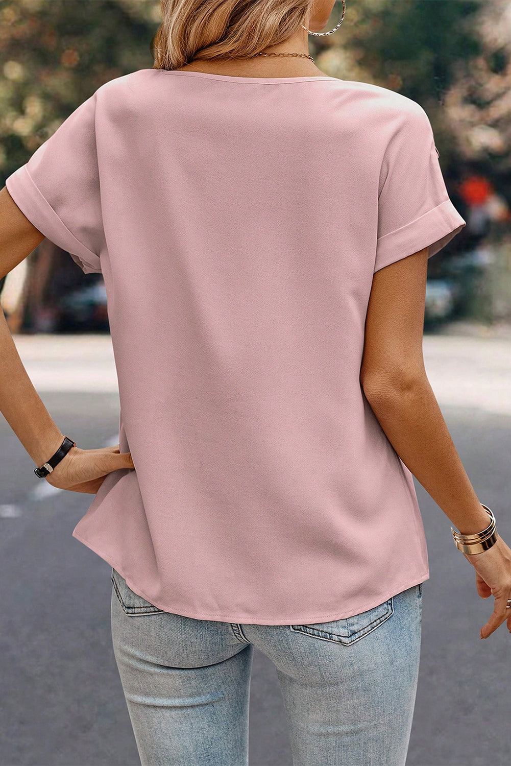 Light Pink Solid Pleated Patched Crew Neck T Shirt Pre Order Tops JT's Designer Fashion
