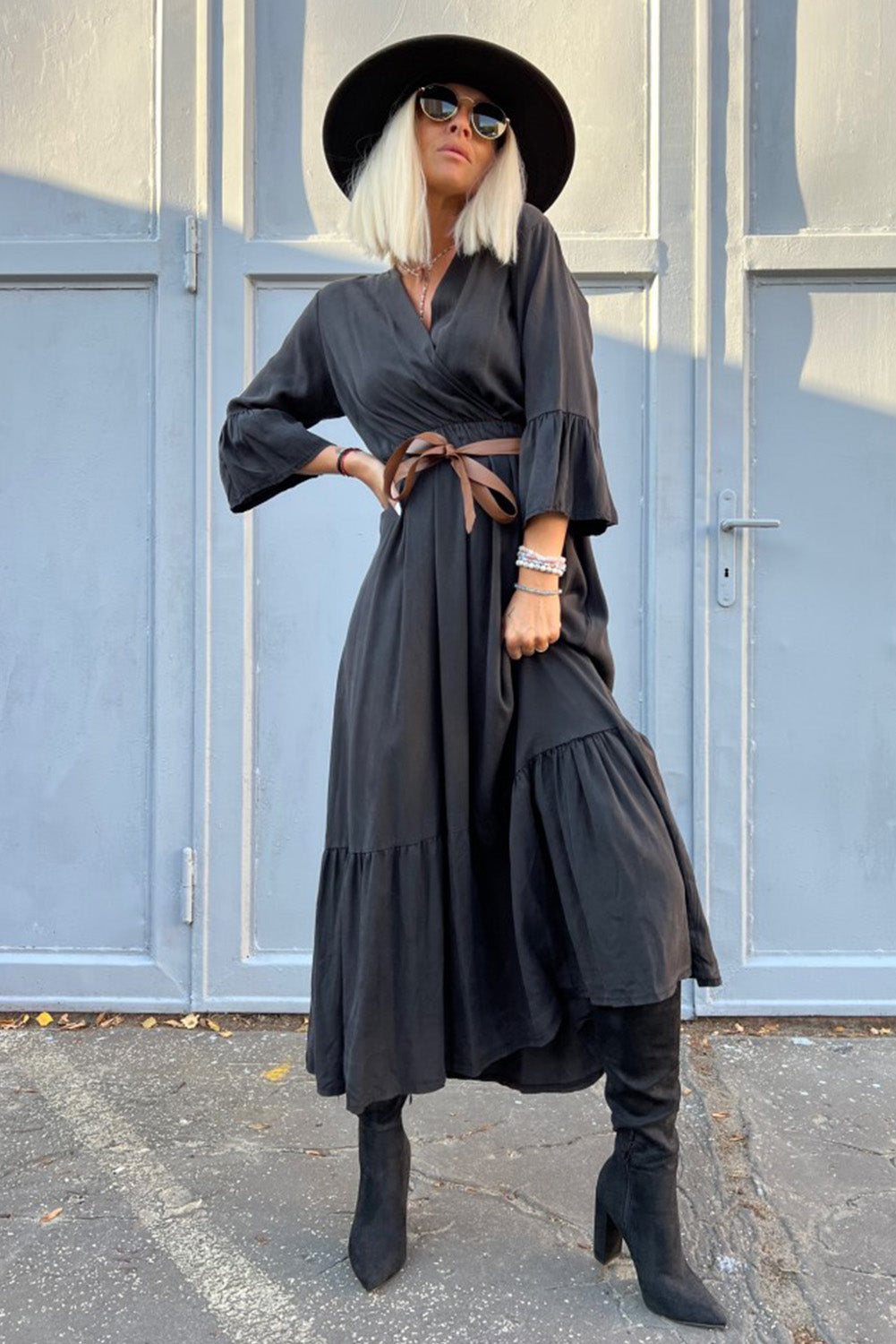 Black Ruffle Splice Wrap V Neck Empire Dress Maxi Dresses JT's Designer Fashion