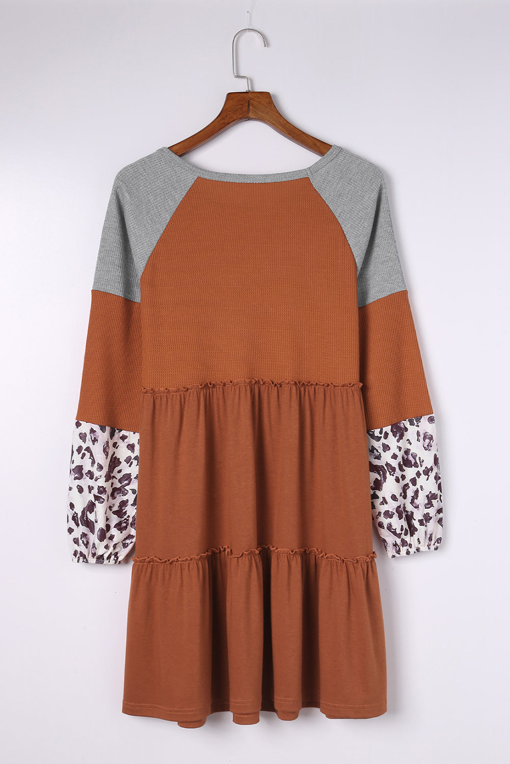Brown Waffle Knit Leopard Patchwork Long Sleeve Dress Mini Dresses JT's Designer Fashion