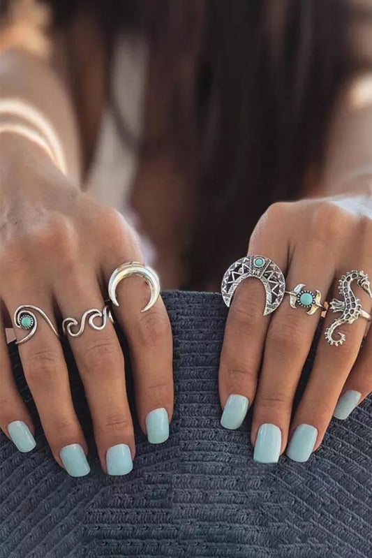 Silver 6Pcs Moon Turquoise Alloy Open Ring Set Jewelry JT's Designer Fashion