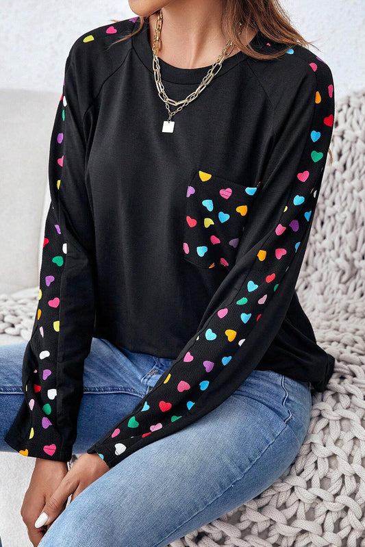 Black Colorful Heart Print Raglan Sleeve Patched Pocket Top Long Sleeve Tops JT's Designer Fashion