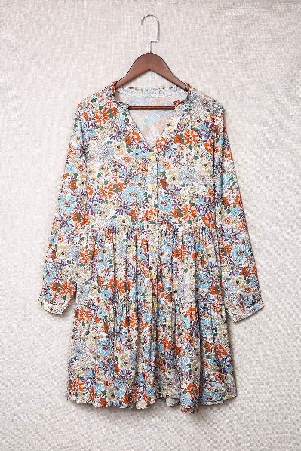 Multicolor Split Neck Buttons Front Shirt Floral Dress Floral Dresses JT's Designer Fashion