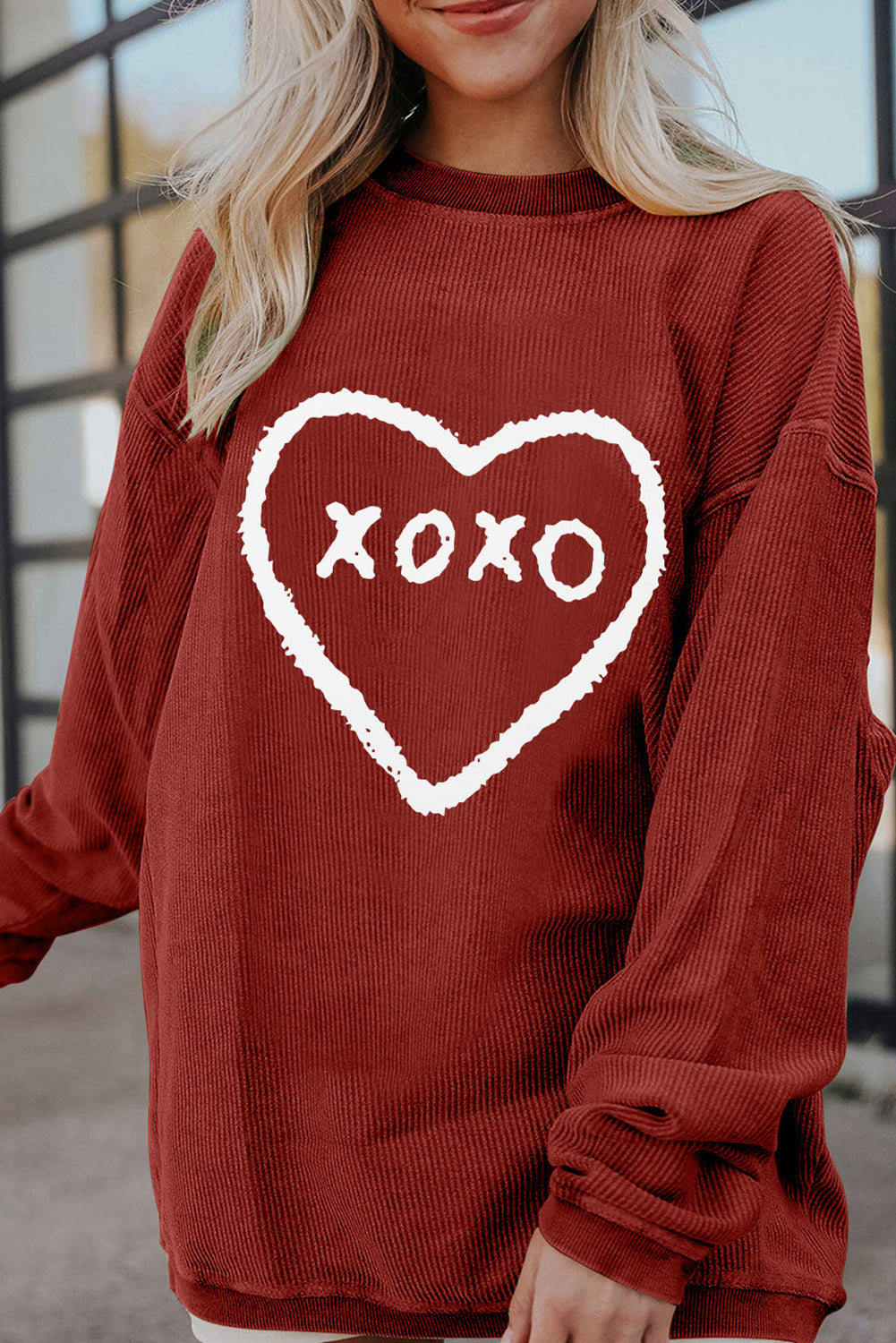 Racing Red XOXO Heart Shape Graphic Corded Sweatshirt Racing Red 100%Polyester Graphic Sweatshirts JT's Designer Fashion