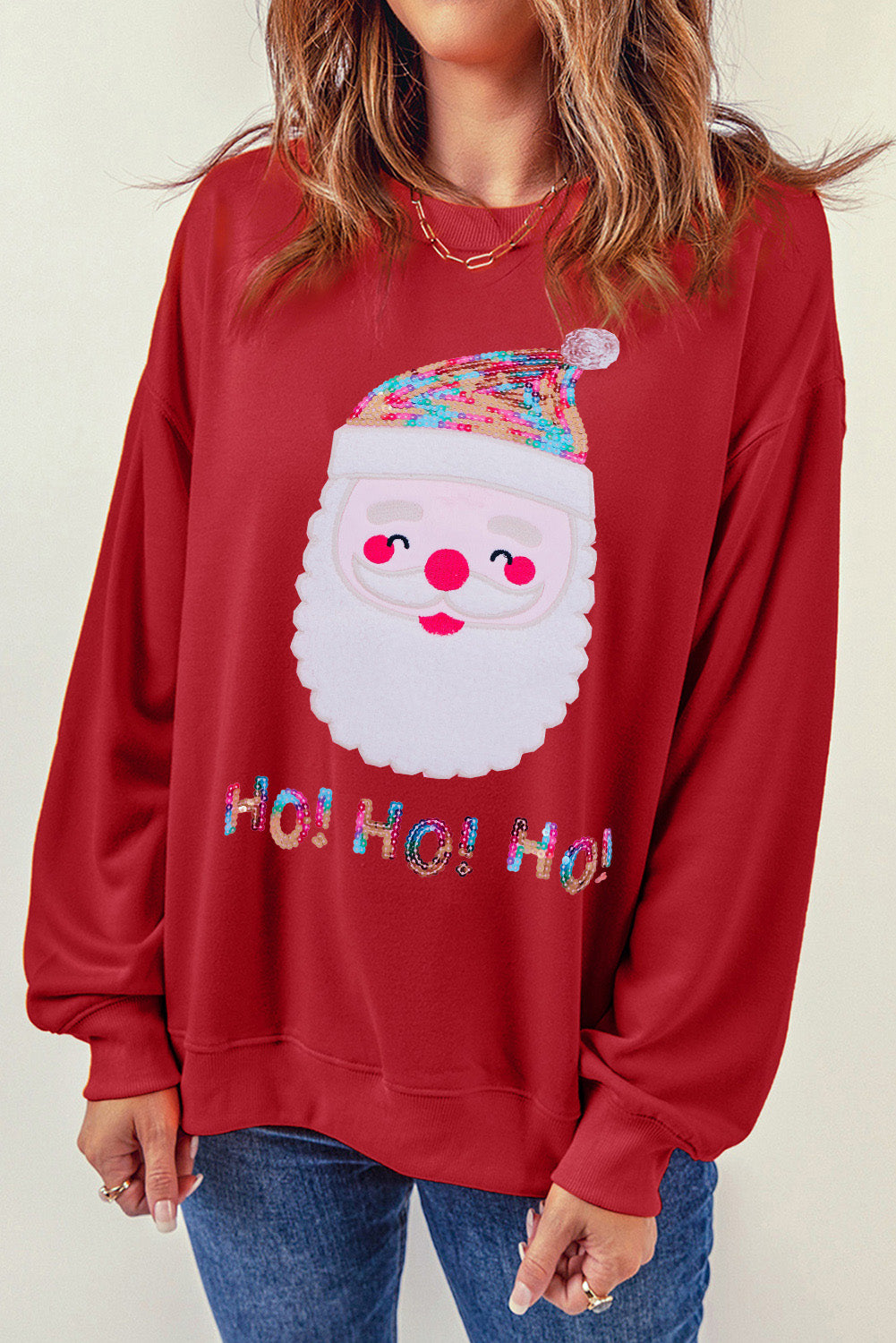 Fiery Red HO HO HO Sequined Santa Claus Sweatshirt Graphic Sweatshirts JT's Designer Fashion