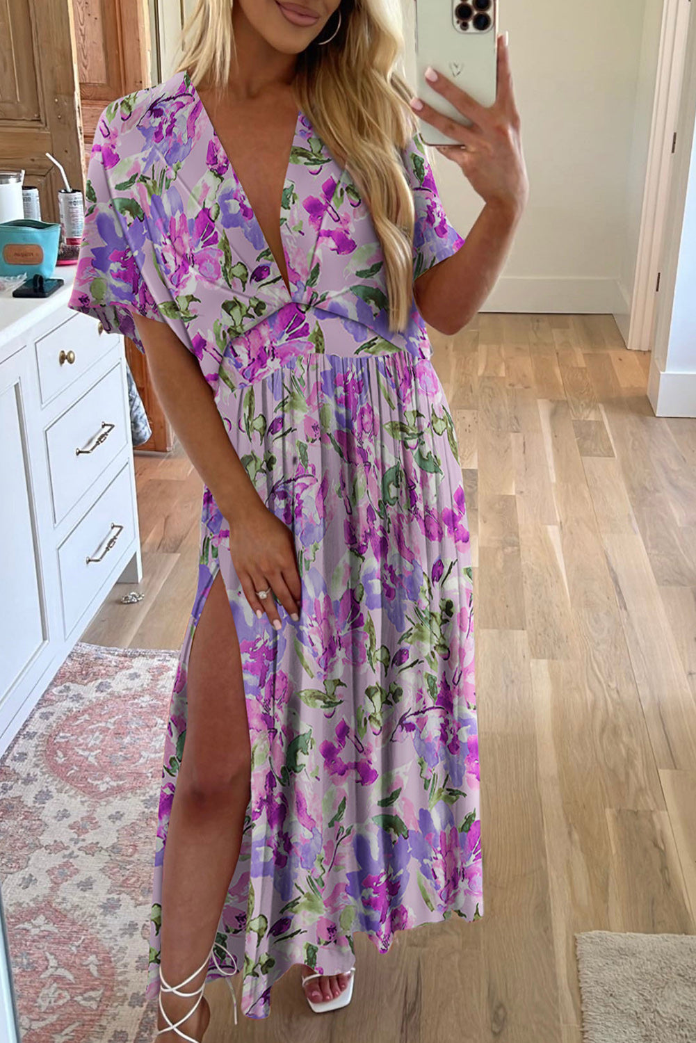 Purple Multicolor Tropical Floral Print Ruched V Neck Maxi Dress Dresses JT's Designer Fashion