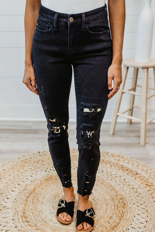Leopard Patchwork Distressed Skinny Jeans Black Jeans JT's Designer Fashion