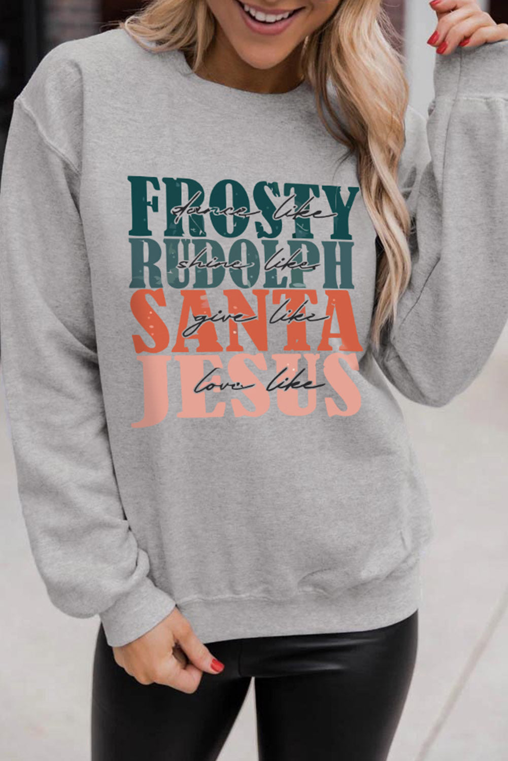 Gray Frosty Rudolph Santa Jesus Graphic Long Sleeve Sweatshirt Graphic Sweatshirts JT's Designer Fashion