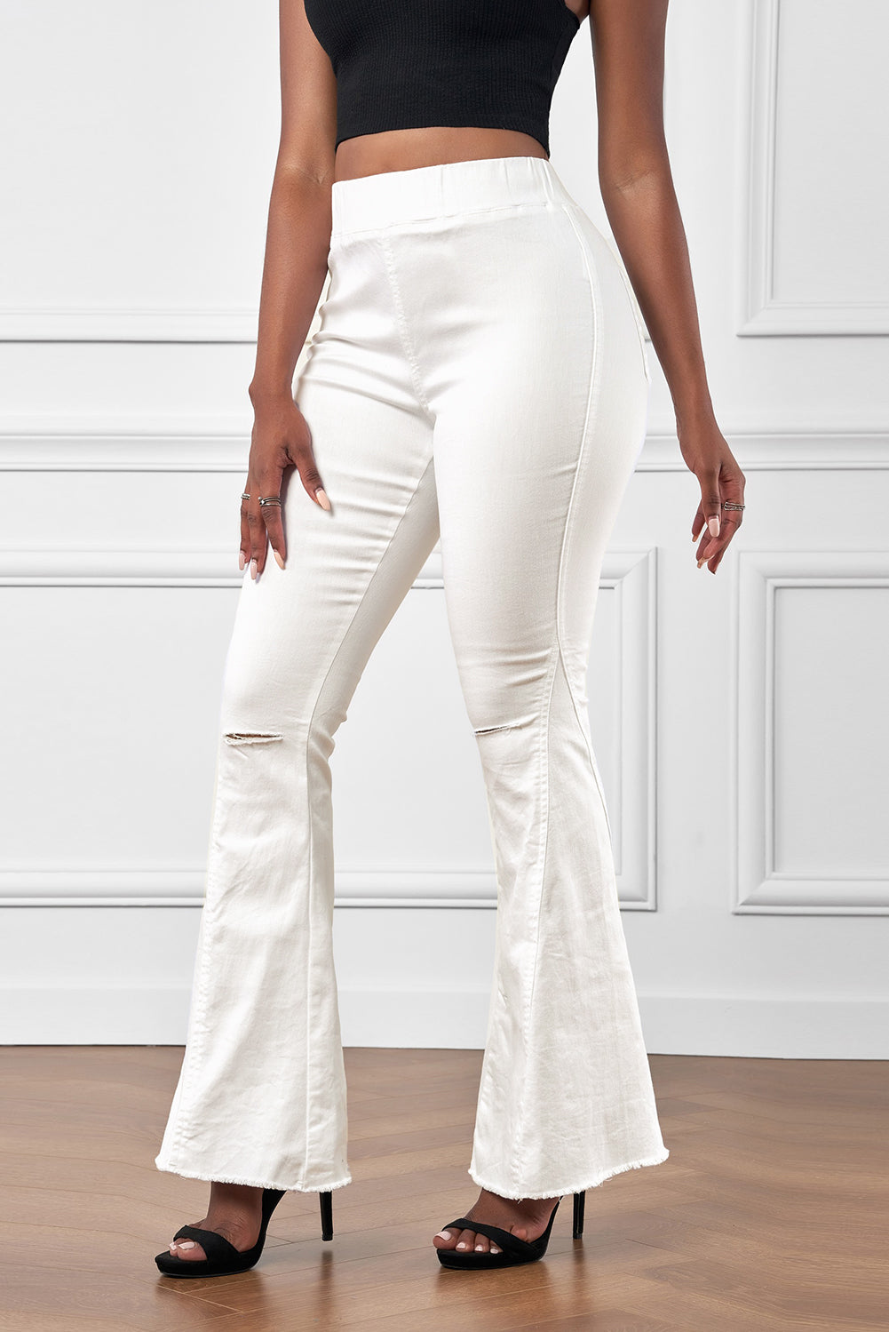 White Distressed Bell Bottom Denim Pants Jeans JT's Designer Fashion