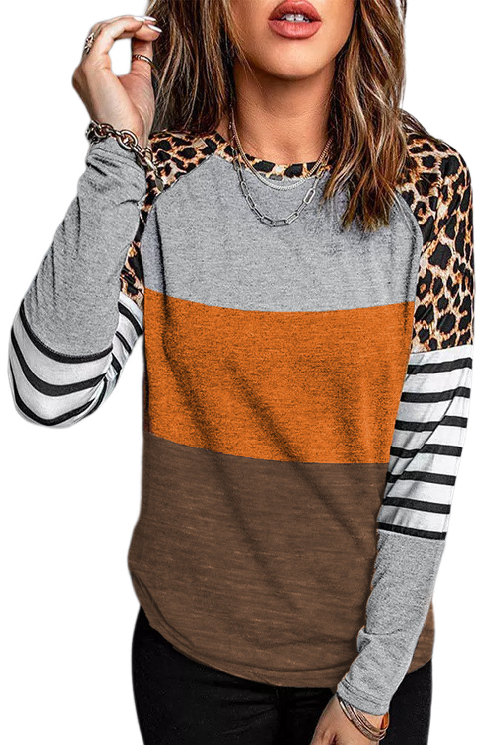 Gray Leopard Striped Color Block Long Sleeve Blouse Long Sleeve Tops JT's Designer Fashion