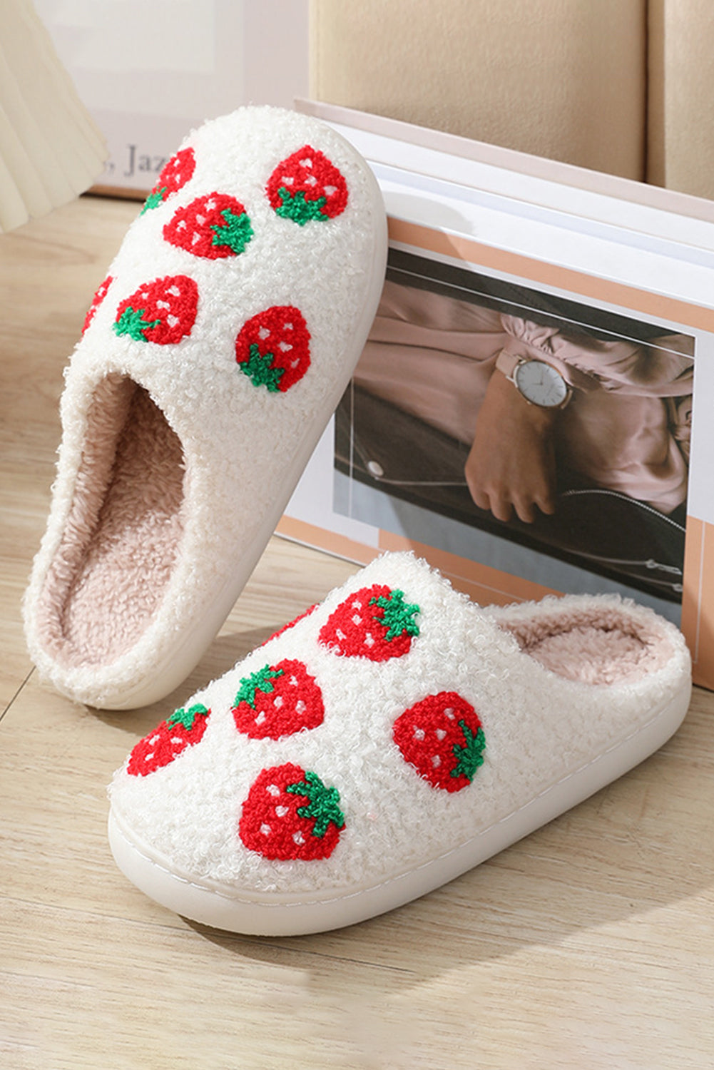 Bright White Cute Fuzzy Strawberry Pattern Home Slippers Slippers JT's Designer Fashion