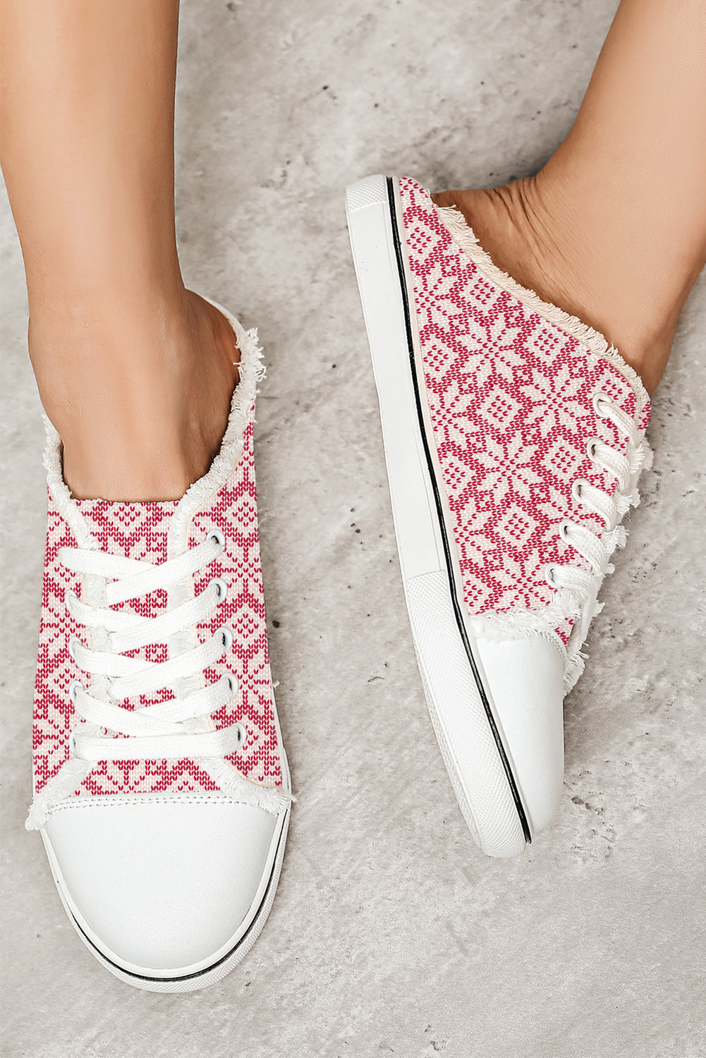 Strawberry Pink Snowflake Printed Frayed Lace-up Slip-on Shoes Women's Shoes JT's Designer Fashion