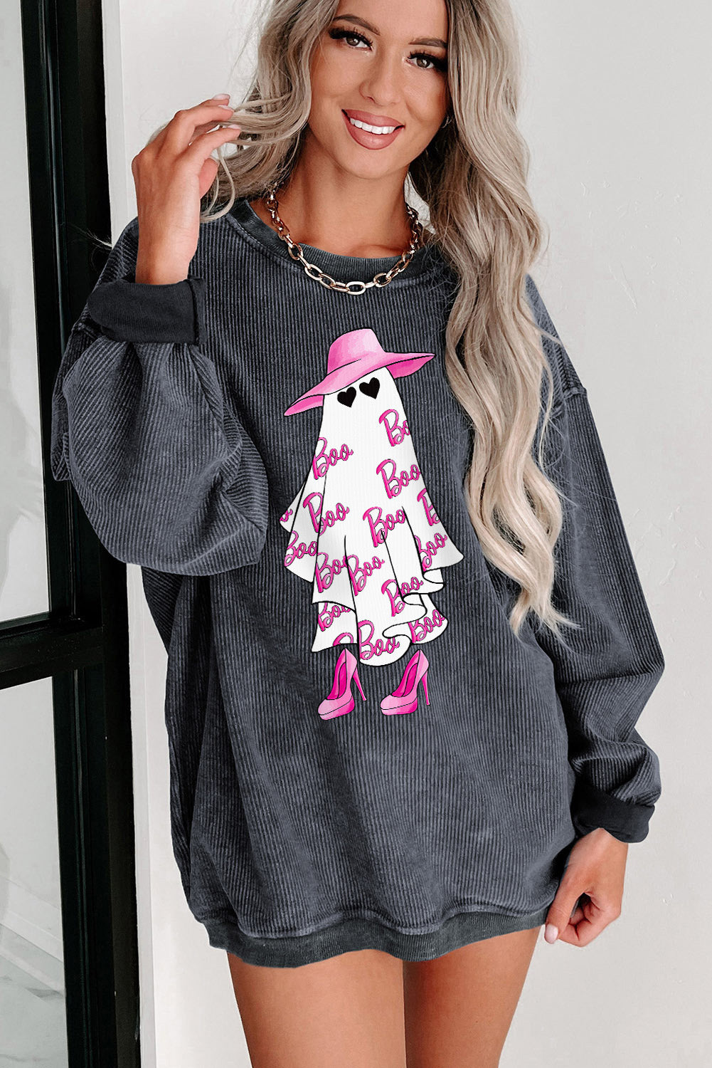 Gray Halloween Ghost Boo Graphic Corded Sweatshirt Graphic Sweatshirts JT's Designer Fashion