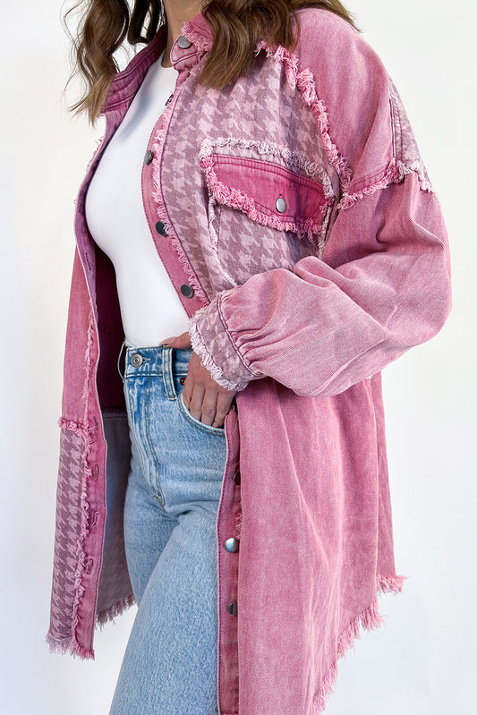 Pink Retro Distressed Houndstooth Patchwork Denim Jacket Outerwear JT's Designer Fashion