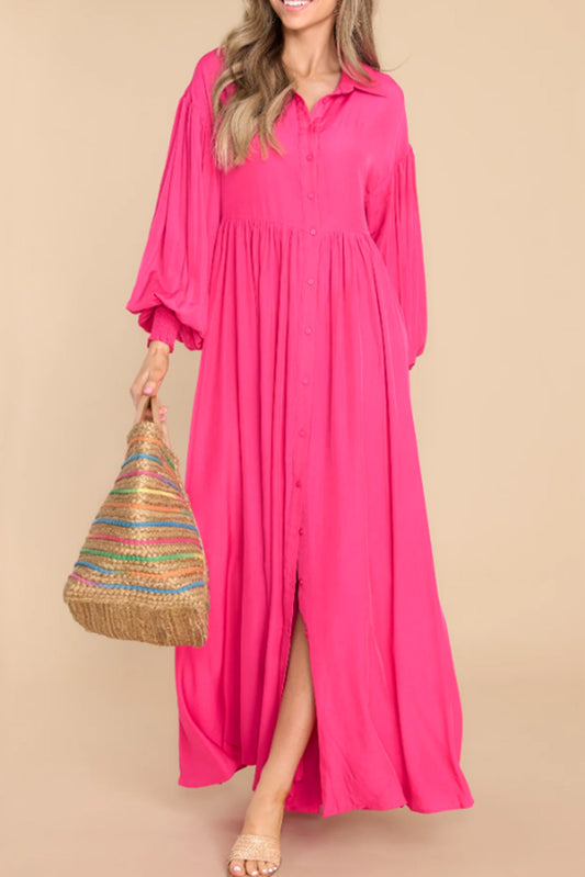 Rose Bubble Sleeve Shirt Maxi Dress Rose 100%Polyester Maxi Dresses JT's Designer Fashion