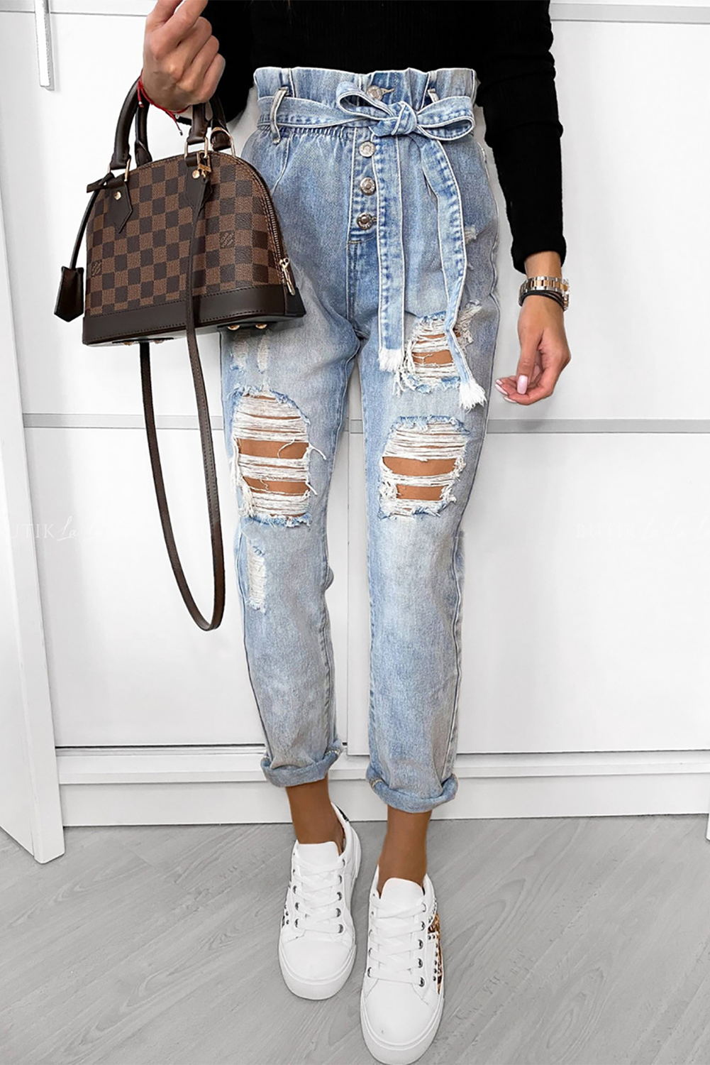 Belted Paper Bag Waist Holes Vintage Jeans Sky Blue Jeans JT's Designer Fashion
