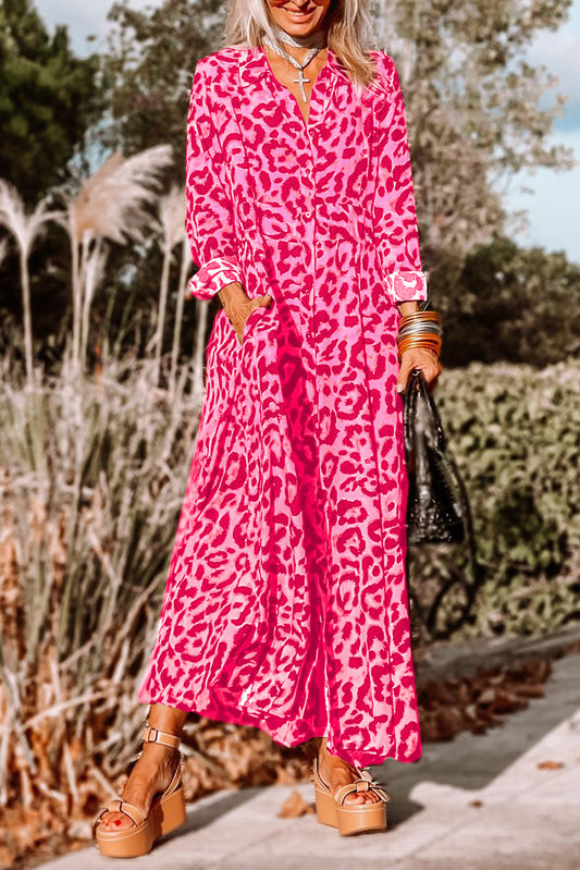 Dark Pink Button-Up Long Sleeve Maxi Dress Dresses JT's Designer Fashion