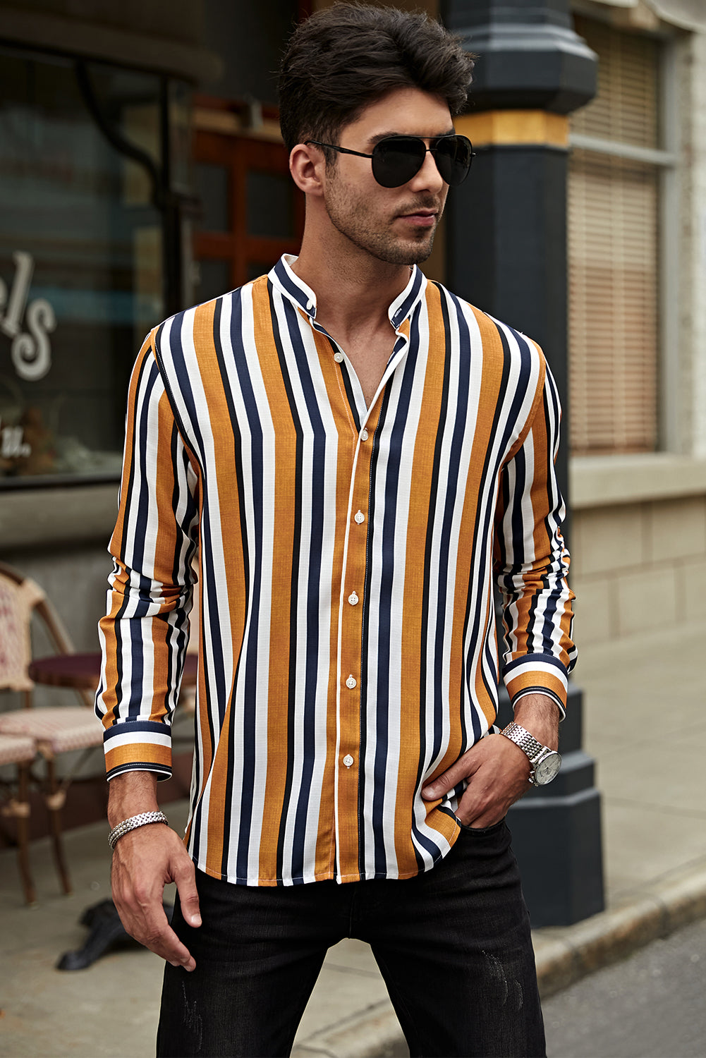 Multicolor Striped Print Buttons Men's Long Sleeve Shirt Men's Tops JT's Designer Fashion