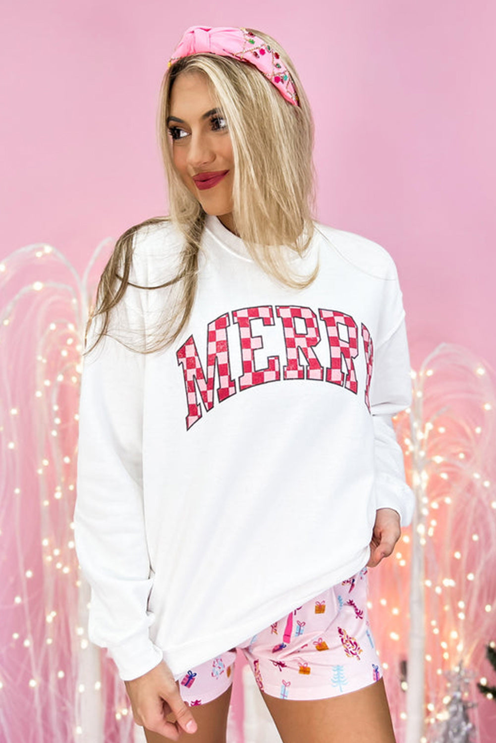 Beige MERRY Plaid Print Crewneck Pullover Sweatshirt Graphic Sweatshirts JT's Designer Fashion