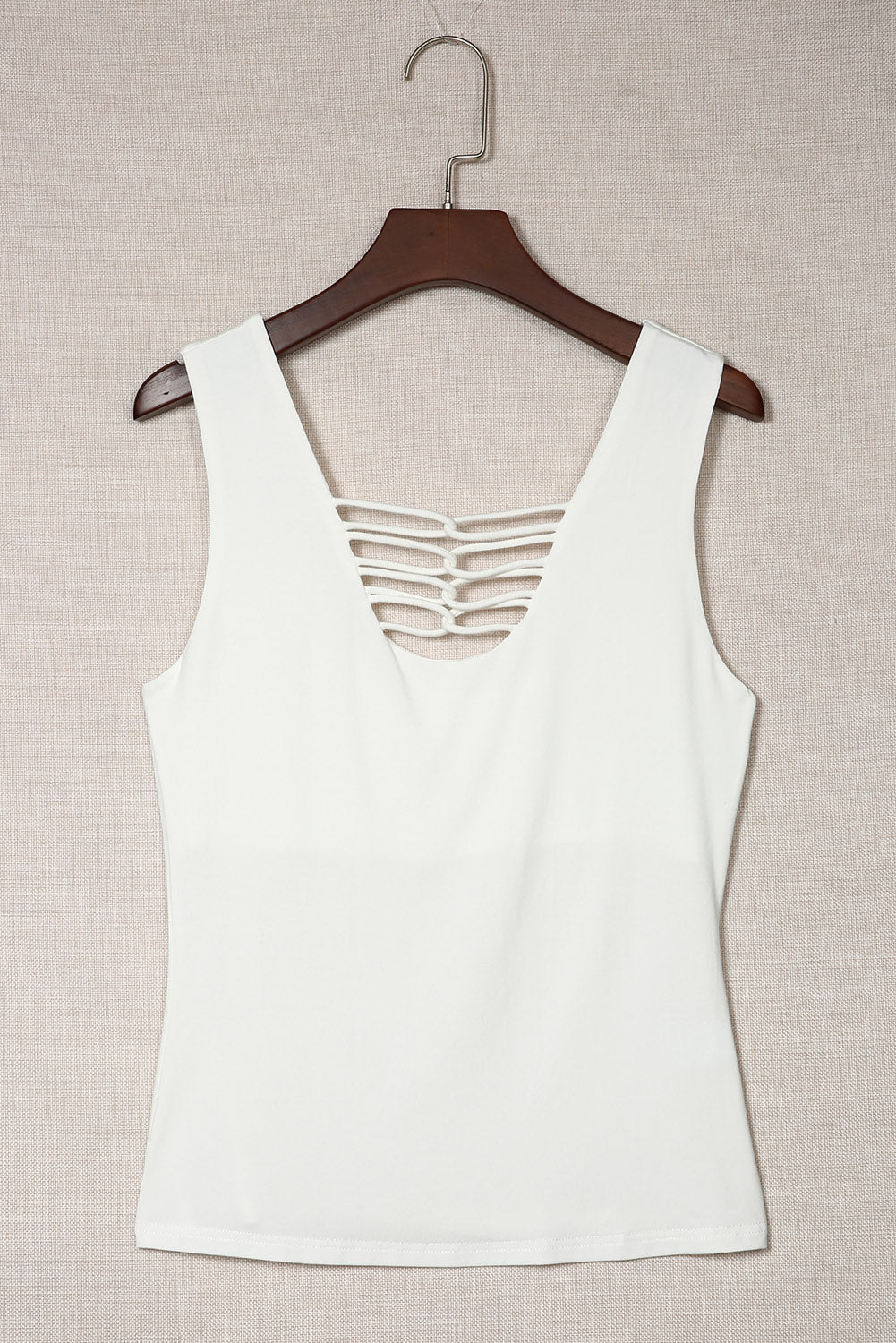 White Lace up Hollow-out Neck Solid Tank Top Tank Tops JT's Designer Fashion