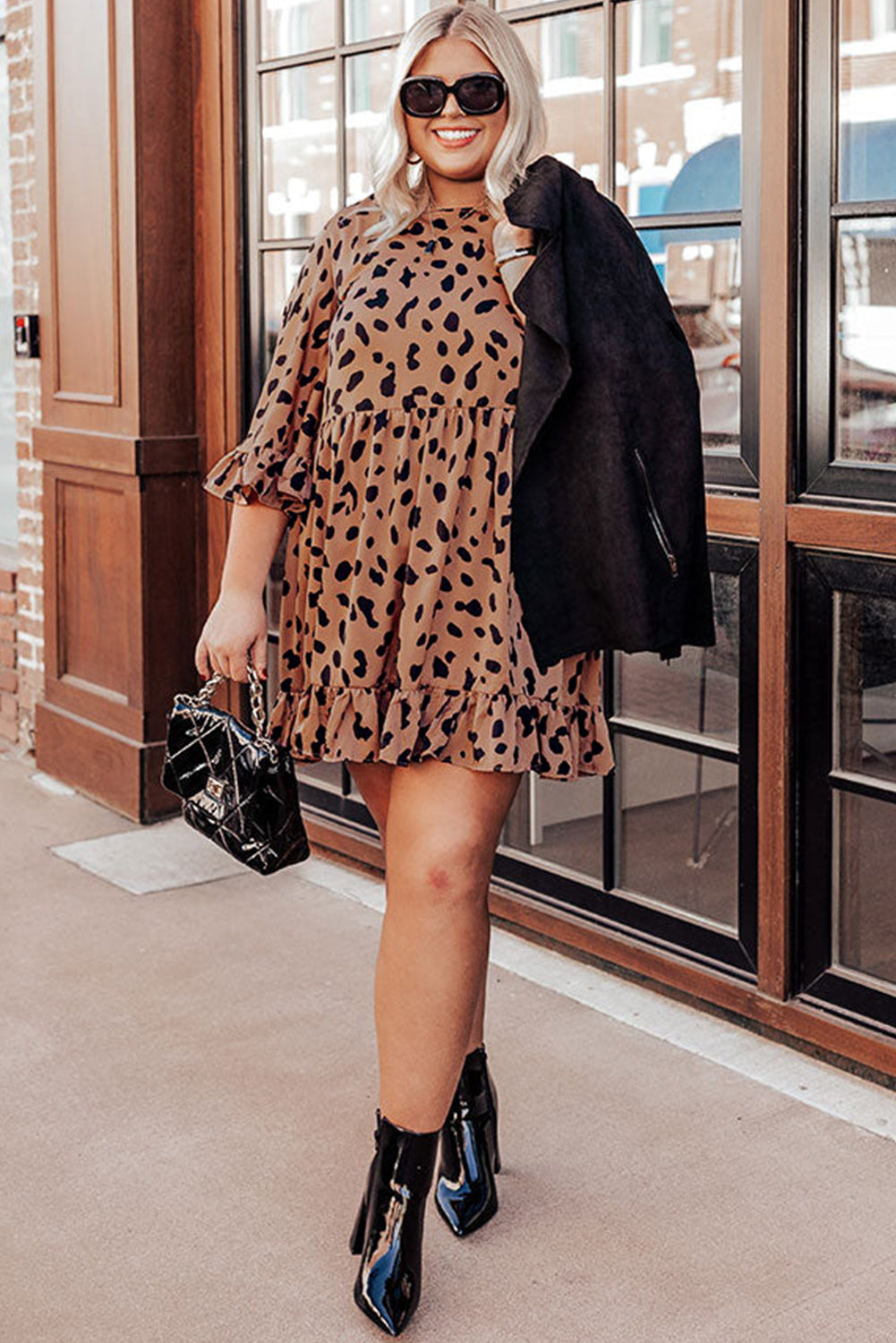 Plus Size Leopard Shift Dress with Ruffle Plus Size Dresses JT's Designer Fashion