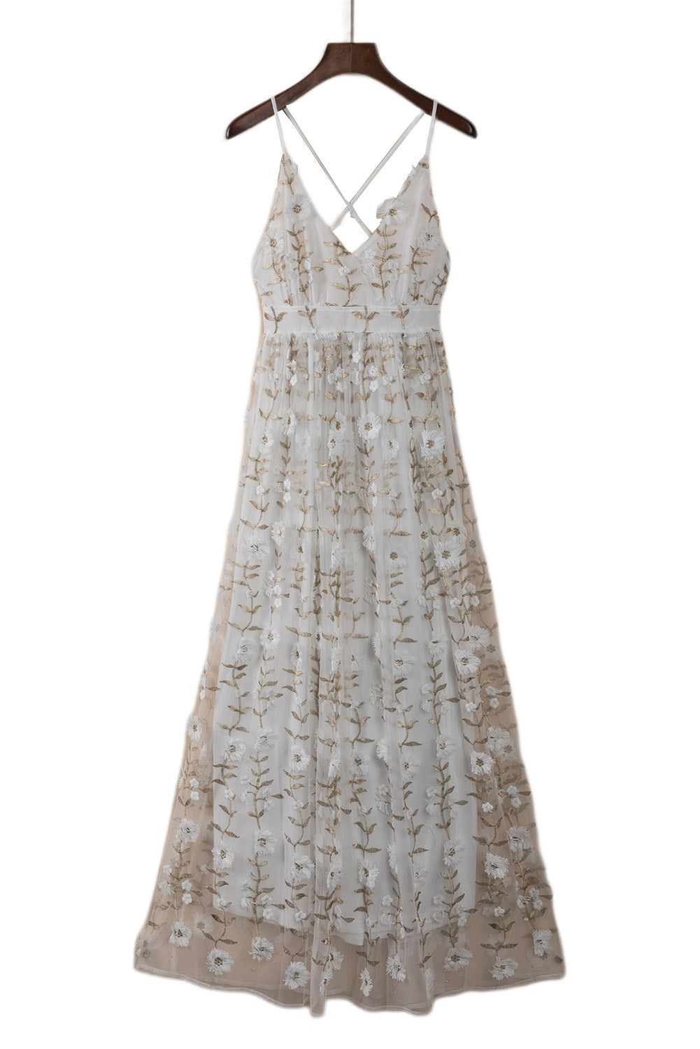 White Applique Gauze High Slit Lining Maxi Dress Maxi Dresses JT's Designer Fashion