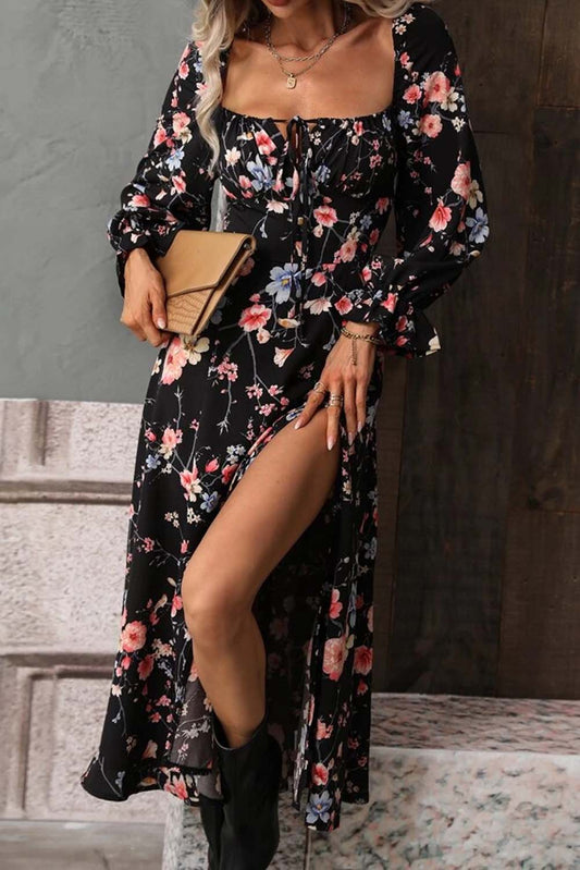 Black Floral Square Neck Long Sleeve High Split Dress Dresses JT's Designer Fashion