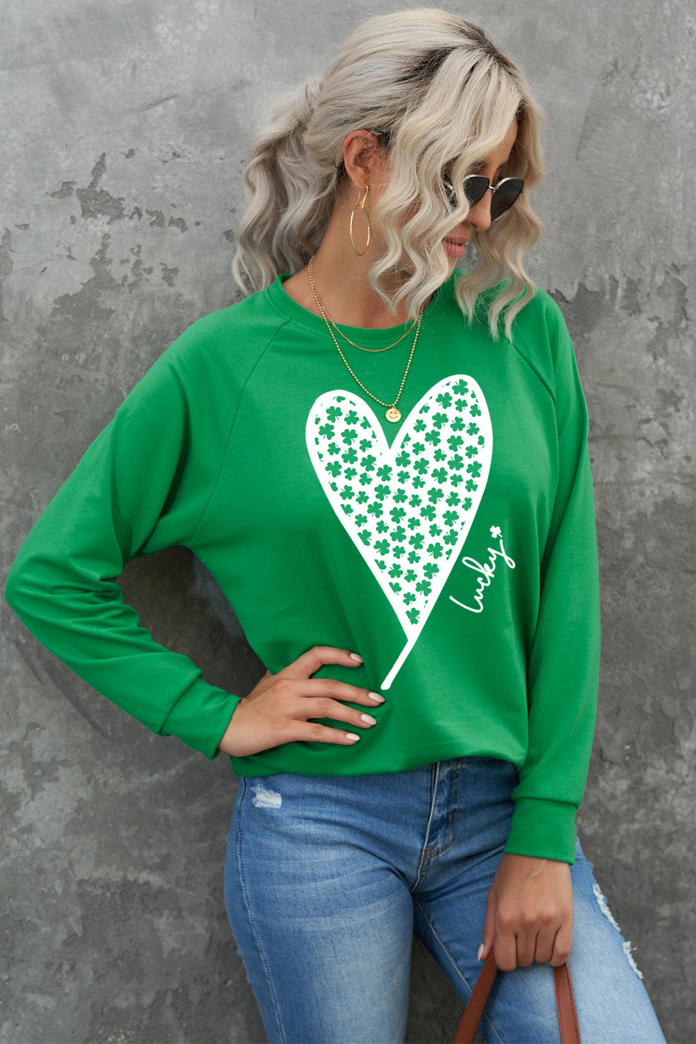 Green Lucky Clover Heart Graphic Raglan Sleeve Sweatshirt Graphic Sweatshirts JT's Designer Fashion