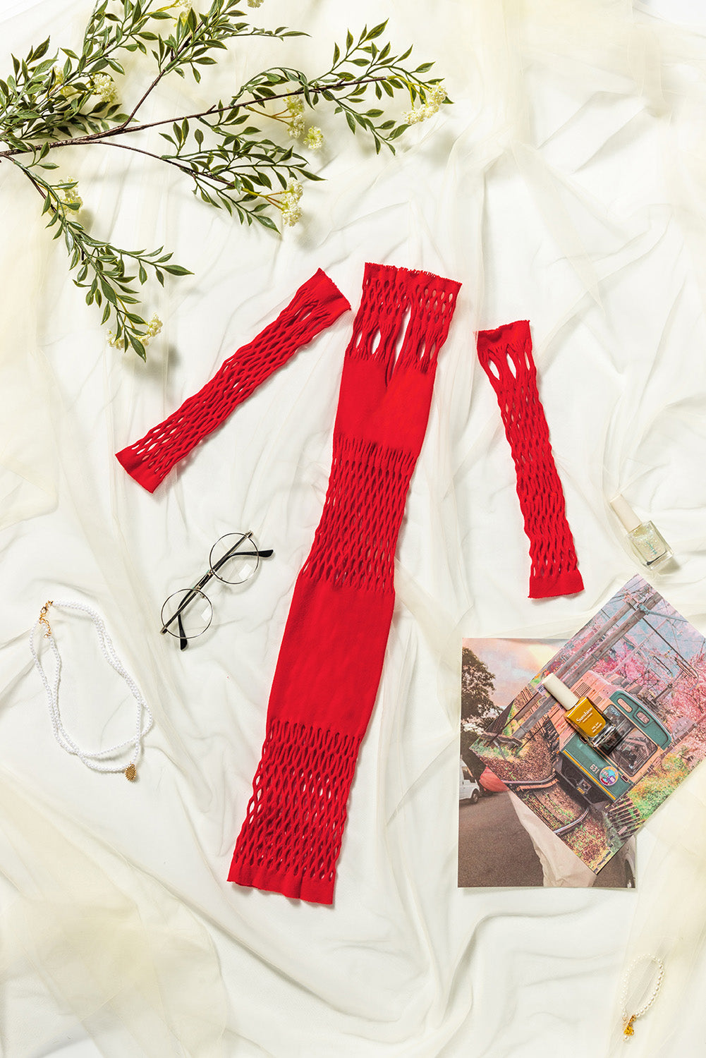 Red Crochet Sleeveless Babydoll Lingerie with Oversleeves Babydolls & Chemises JT's Designer Fashion