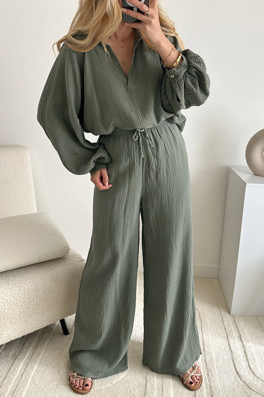 Mist Green Crinkle Split Neck Top Loose Drawstring Pants Set Loungewear JT's Designer Fashion
