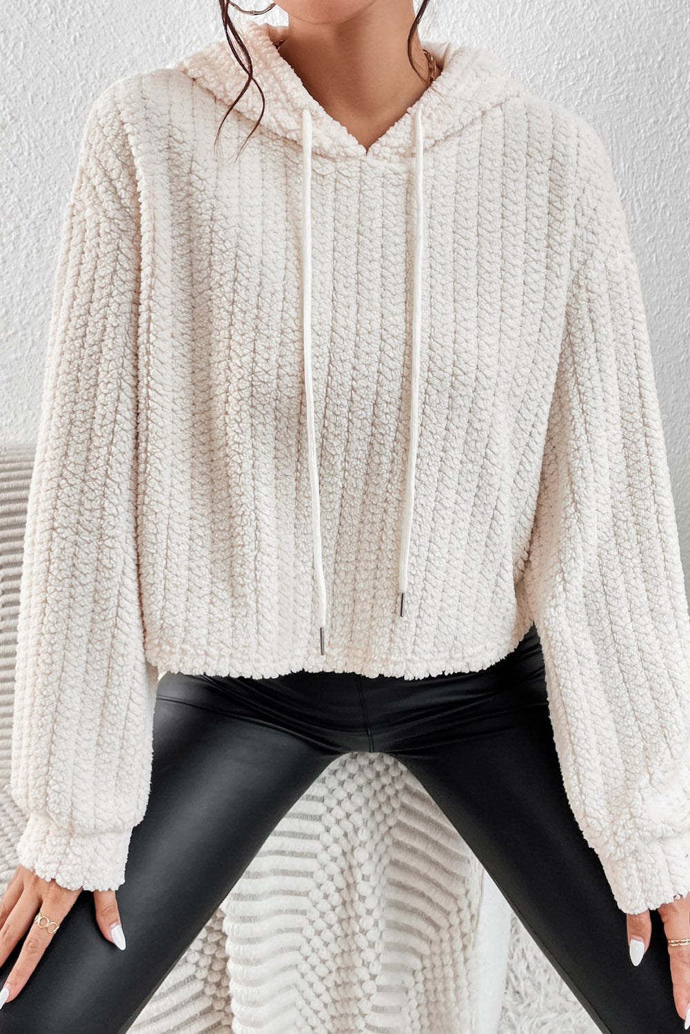 Beige Fuzzy Knitted Drawstring Winter Hoodie Sweatshirts & Hoodies JT's Designer Fashion