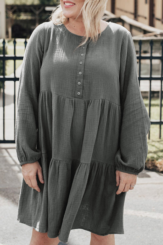 Plus Size Buttoned Long Sleeve Tiered Dress Green 100%Cotton Plus Size Dresses JT's Designer Fashion