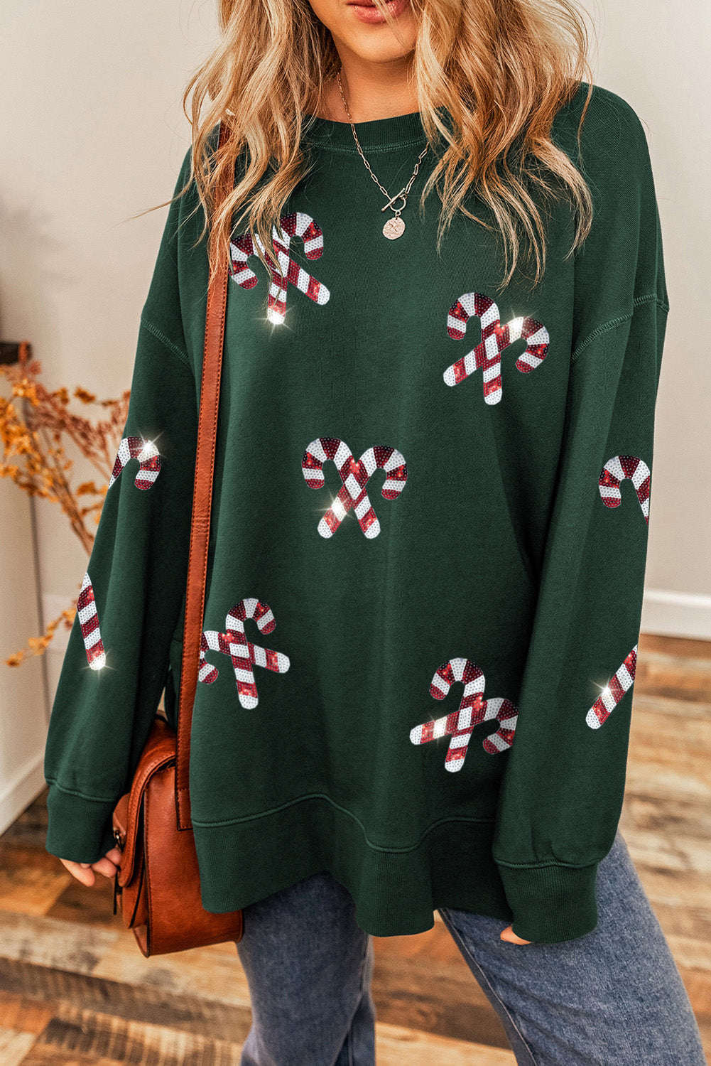 Duffel Green Christmas Cane Pattern Crewneck Oversized Sweatshirt Graphic Sweatshirts JT's Designer Fashion