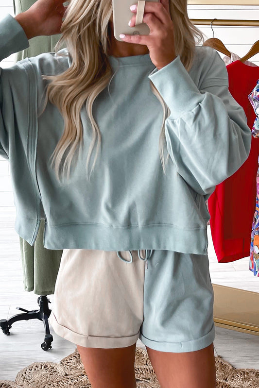 Sky Blue Expose Seam Split Sweatshirt Color Block Shorts Set Pre Order Sweatshirts & Hoodies JT's Designer Fashion